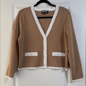 NVLT x Anthropologie Scallop Trim V Neck Cardigan Women's Size XL Camel NWOT